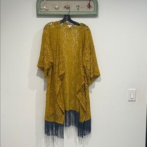 LuLaRoe Mustard Gold Lace Short Sleeve Cardigan French blue Fringe large duster